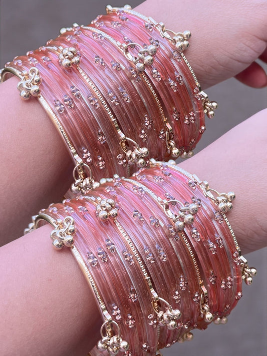 Viral Kashmiri Ghungroo Glass Bangle Set-1 dozen - Pink (12 Simple 4 Ghungroo Bangles)