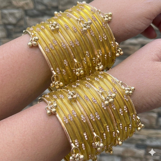 Viral Kashmiri Ghungroo Glass Bangle Set-1 dozen - Light yellow (12 Simple 4 Ghungroo Bangles)