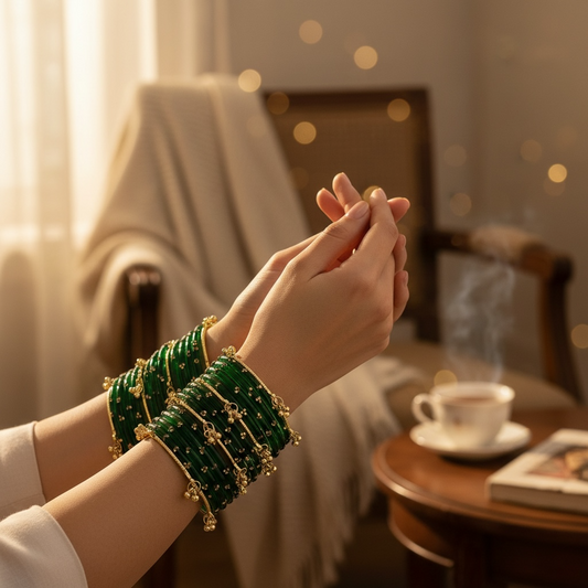 Viral Kashmiri Ghungroo Glass Bangle Set-1 dozen - Green (12 Simple 4 Ghungroo Bangles)