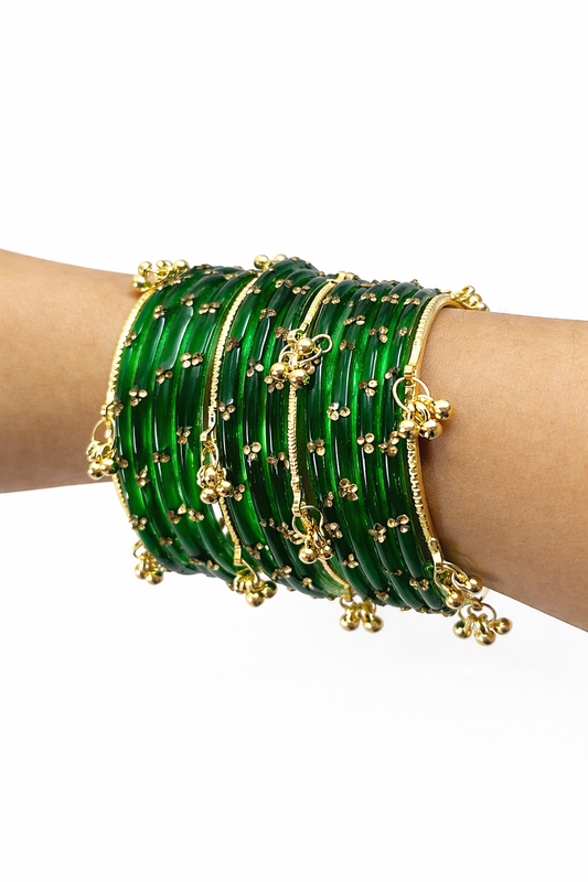 Viral Kashmiri Ghungroo Glass Bangle Set-1 dozen - Green (12 Simple 4 Ghungroo Bangles)